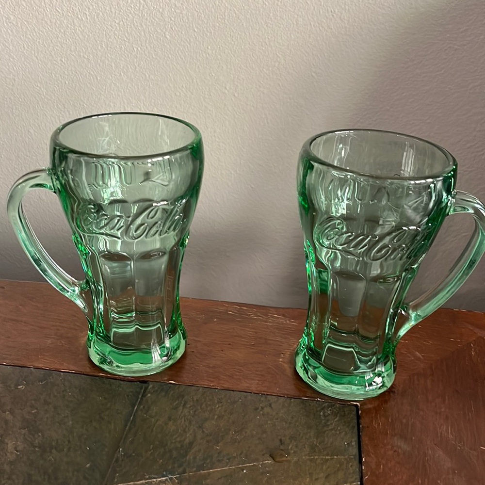 2 Vintage Genuine Green Glass Coca Cola Mug w/Handle